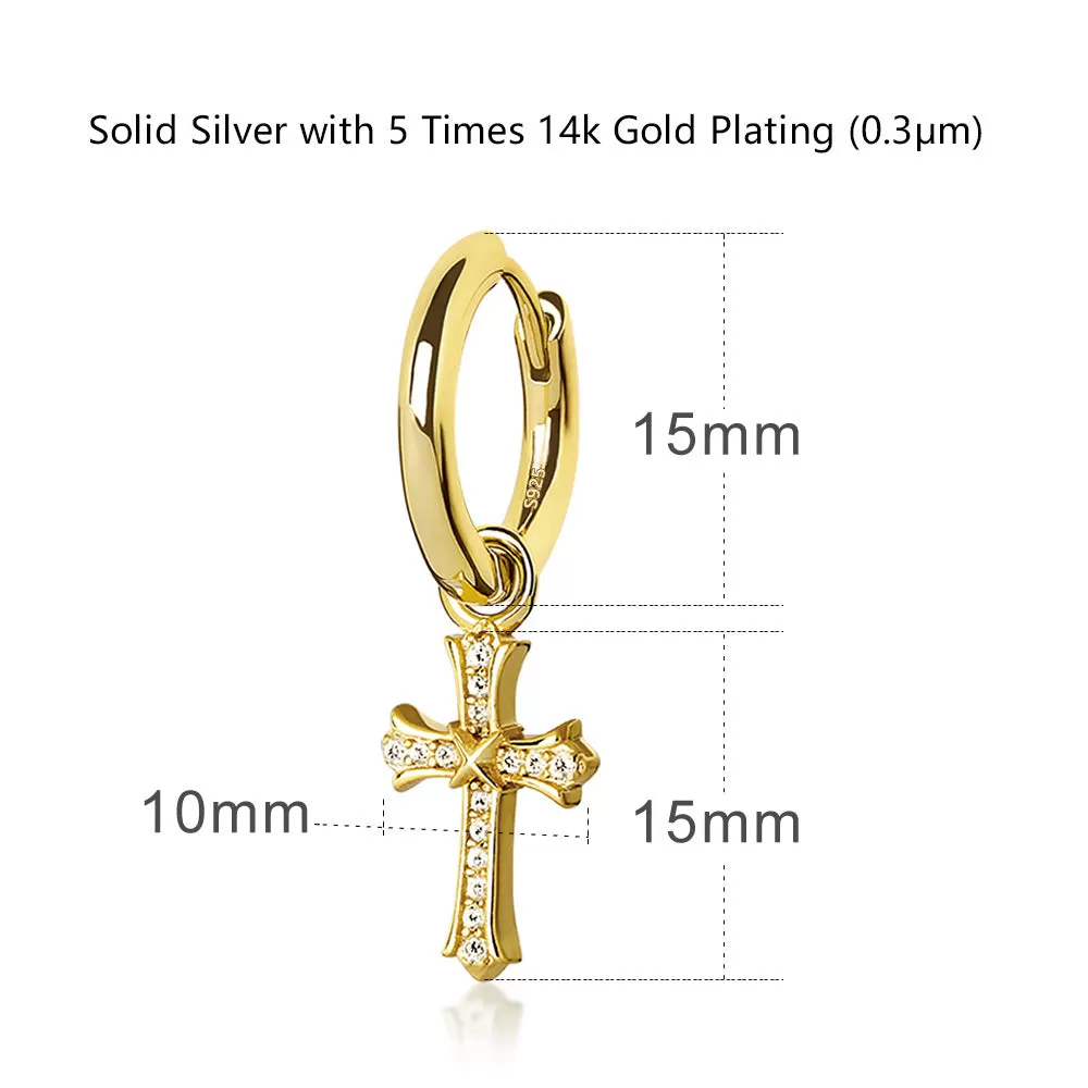 Diamond Dangle Cross Earrings for Men (15mm) in 14K Gold KRKC