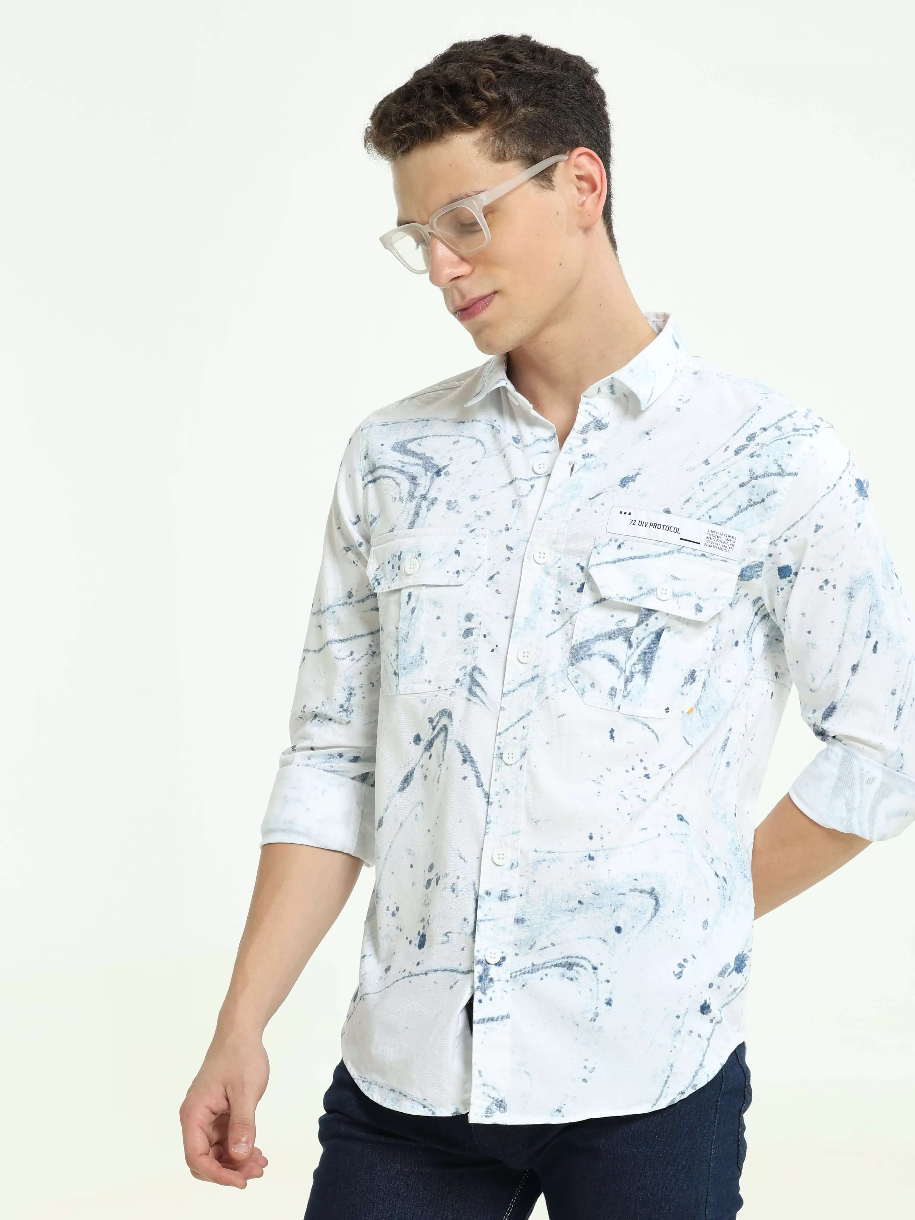 DLAL Indigo color splashed double pocket shirt