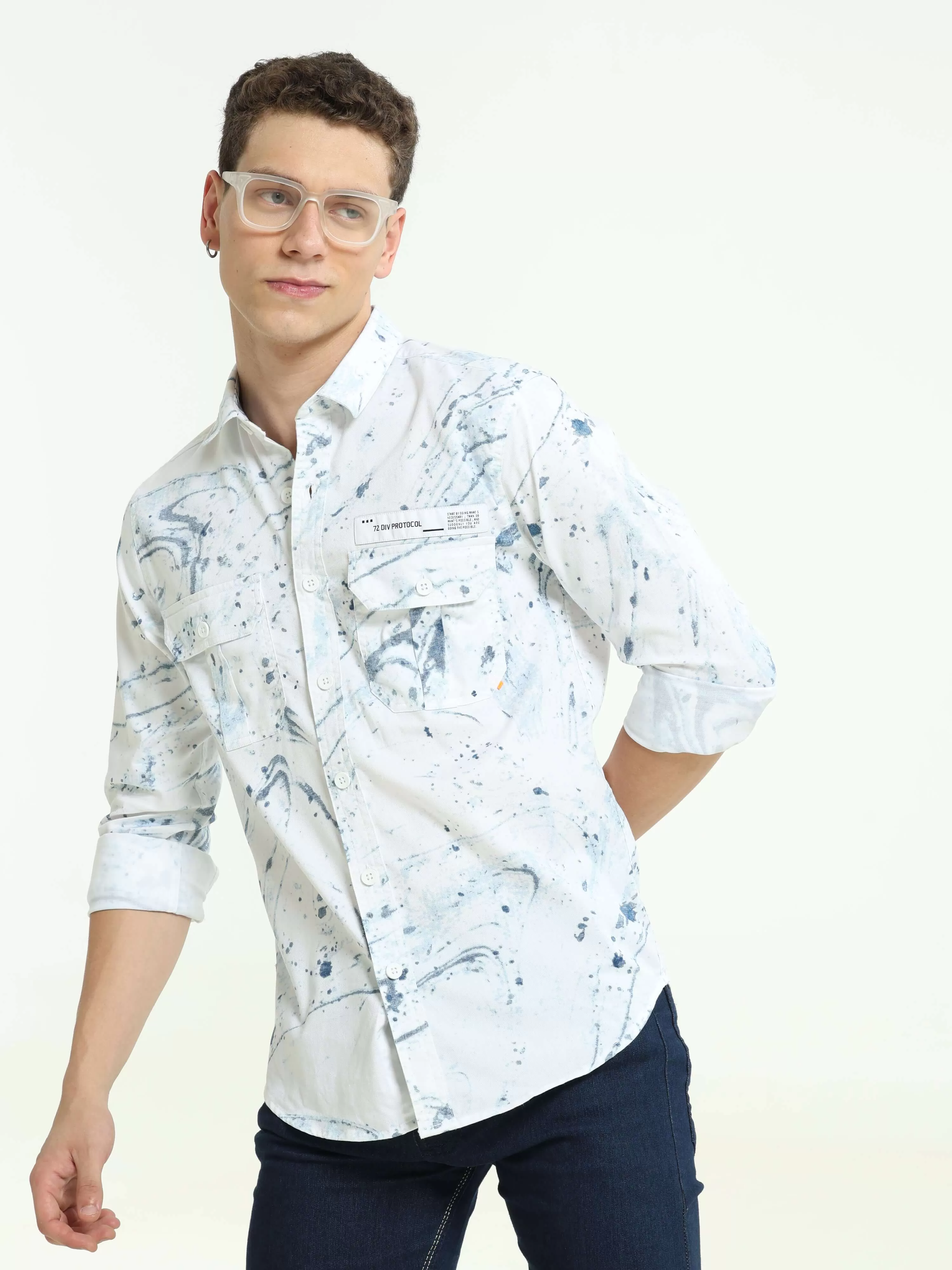 DLAL Indigo color splashed double pocket shirt