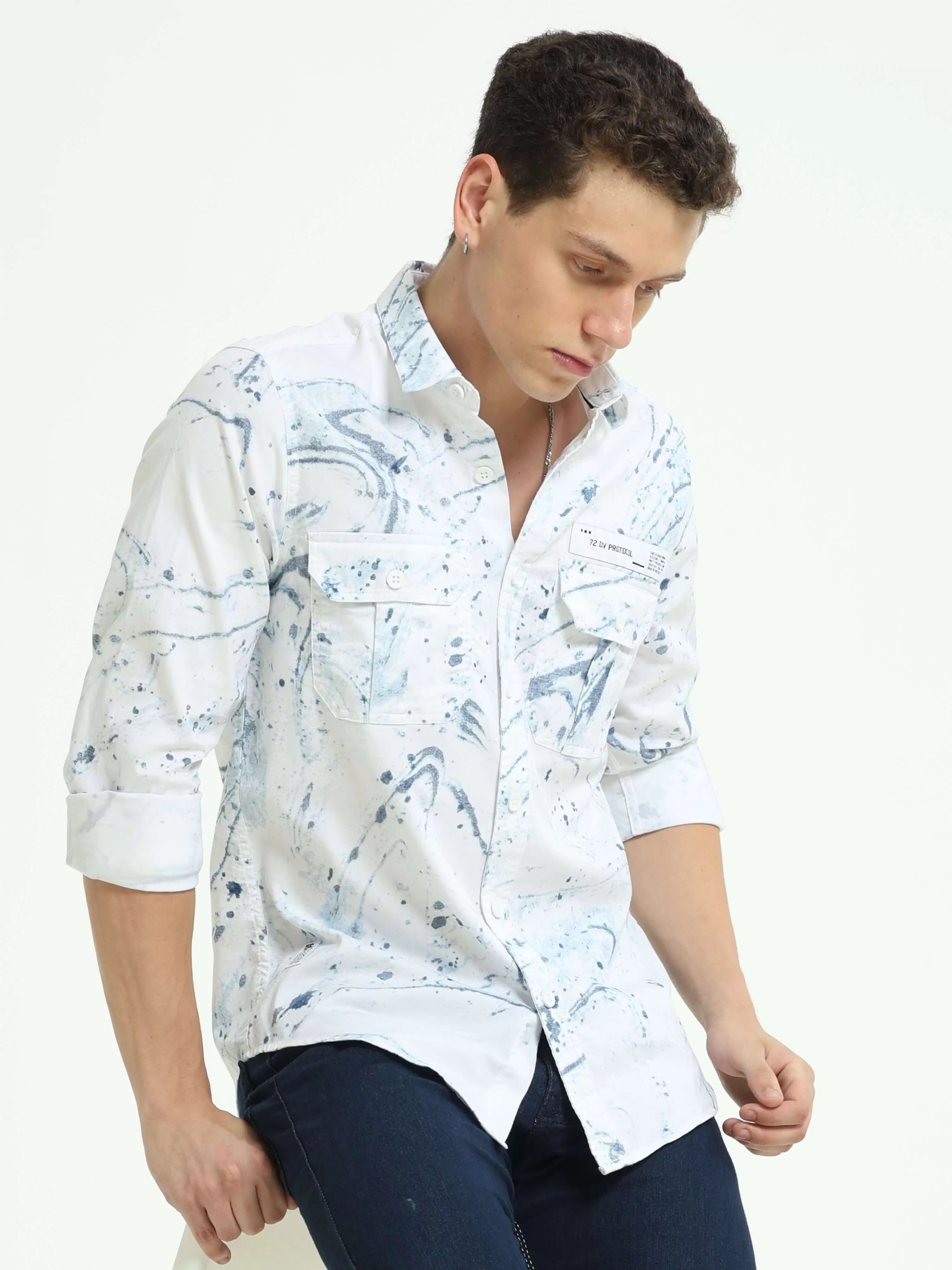 DLAL Indigo color splashed double pocket shirt