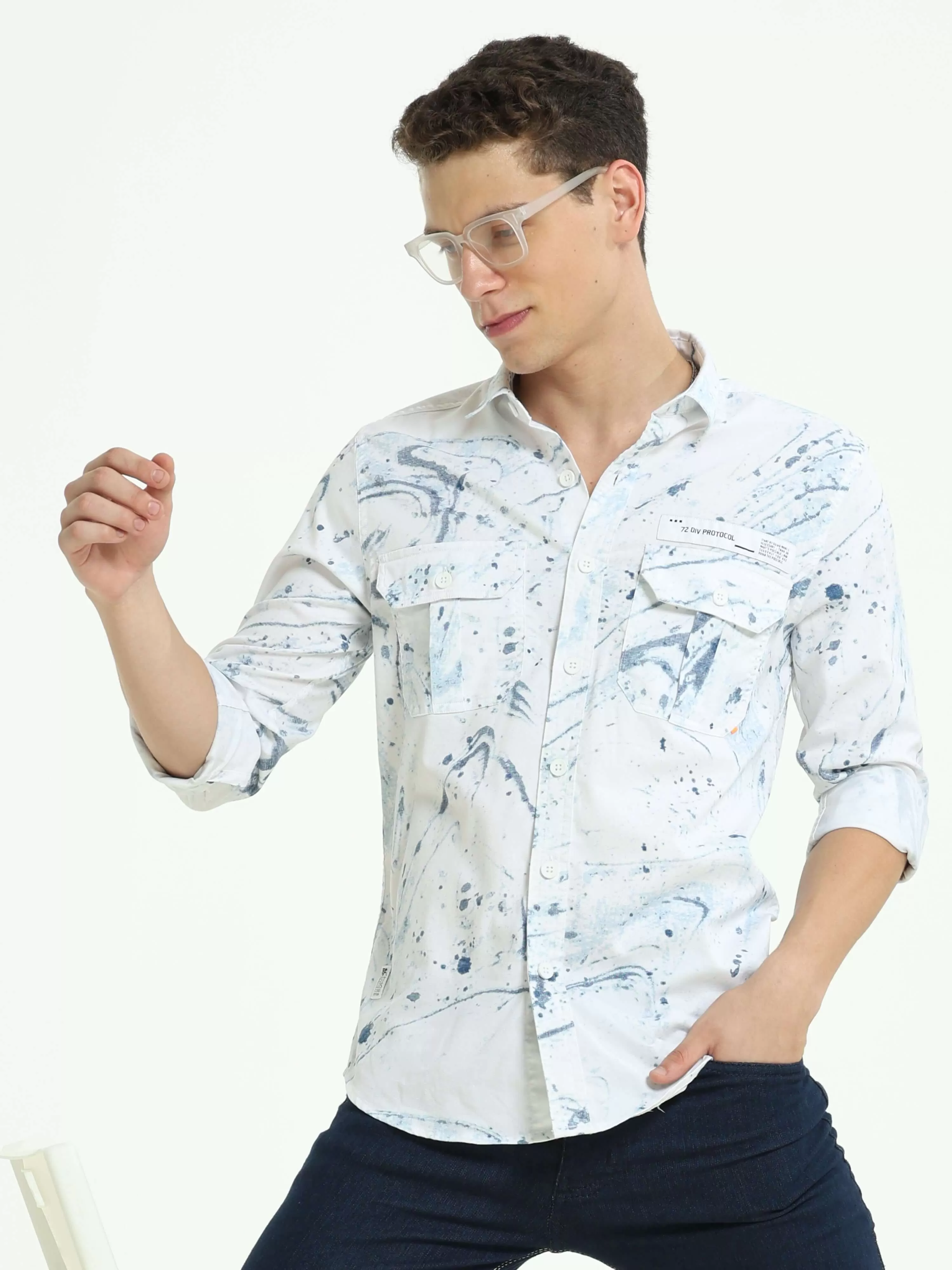 DLAL Indigo color splashed double pocket shirt