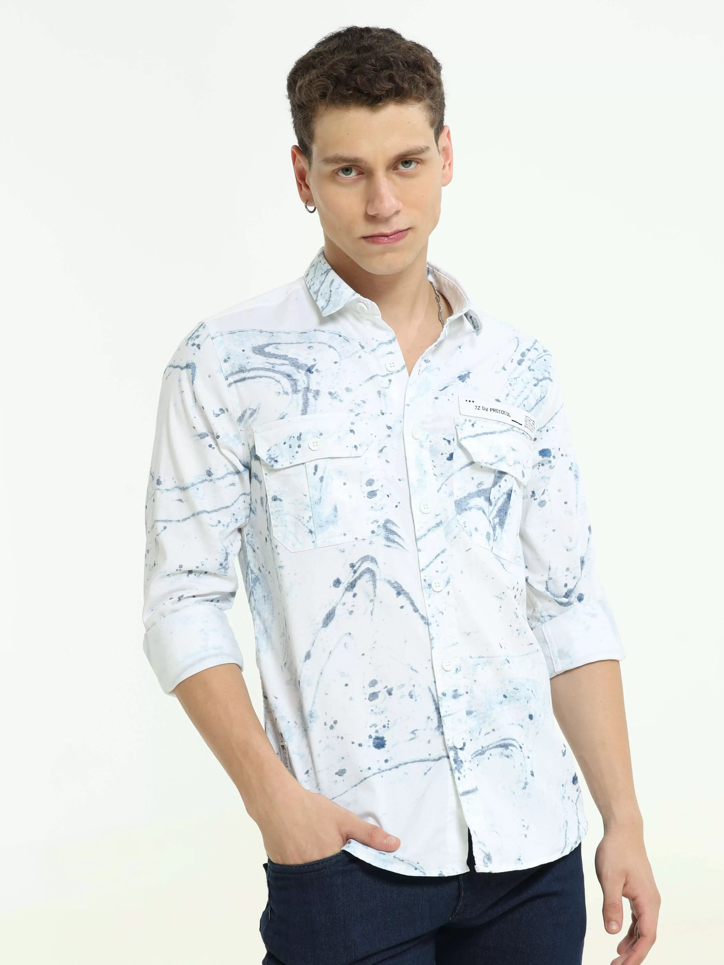 DLAL Indigo color splashed double pocket shirt