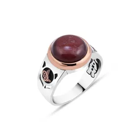 Domic Small Circle Burgundy Tiger Eye Silver Men's Ring Siding Ottoman Tughra