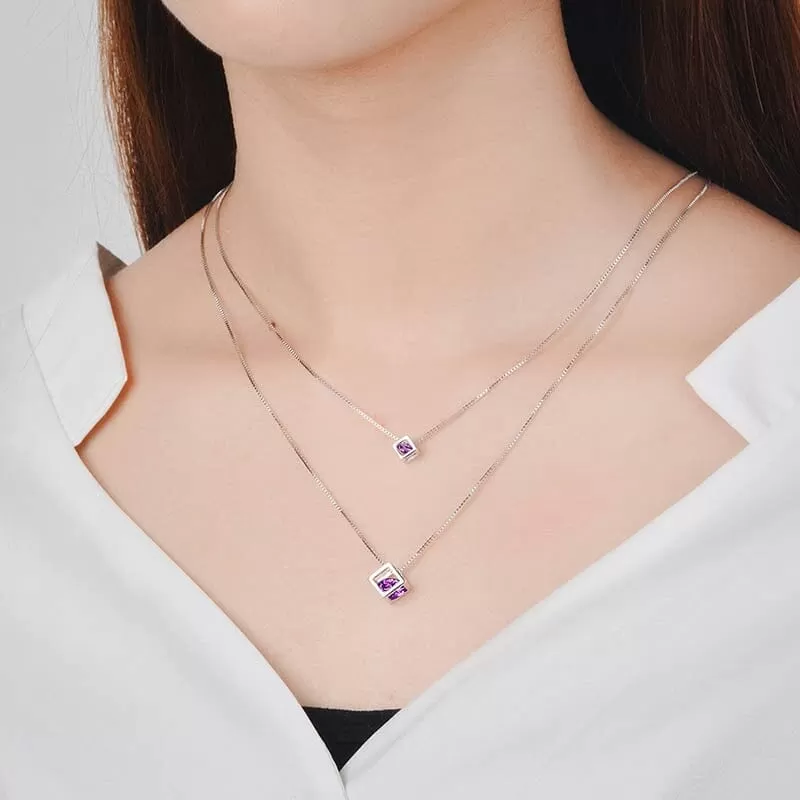 Double Cube Amethyst Pendant Necklace - 925 Sterling Silver