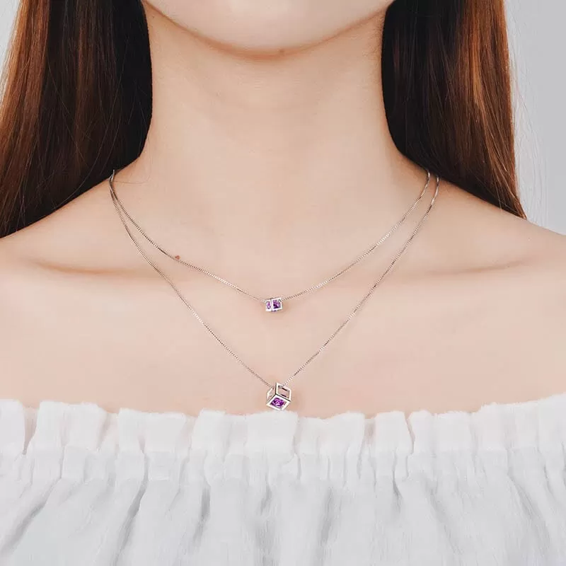 Double Cube Amethyst Pendant Necklace - 925 Sterling Silver