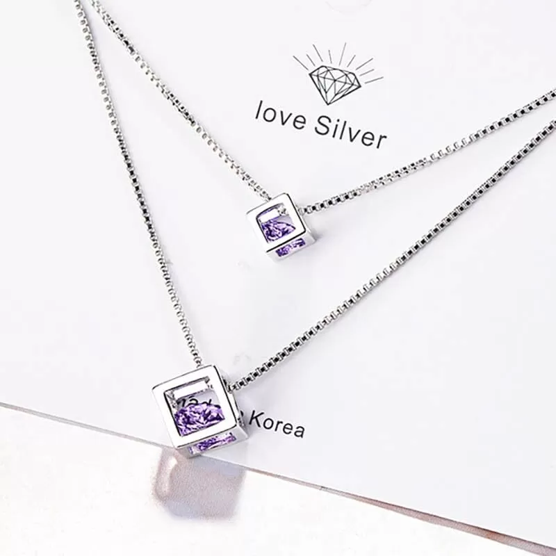 Double Cube Amethyst Pendant Necklace - 925 Sterling Silver