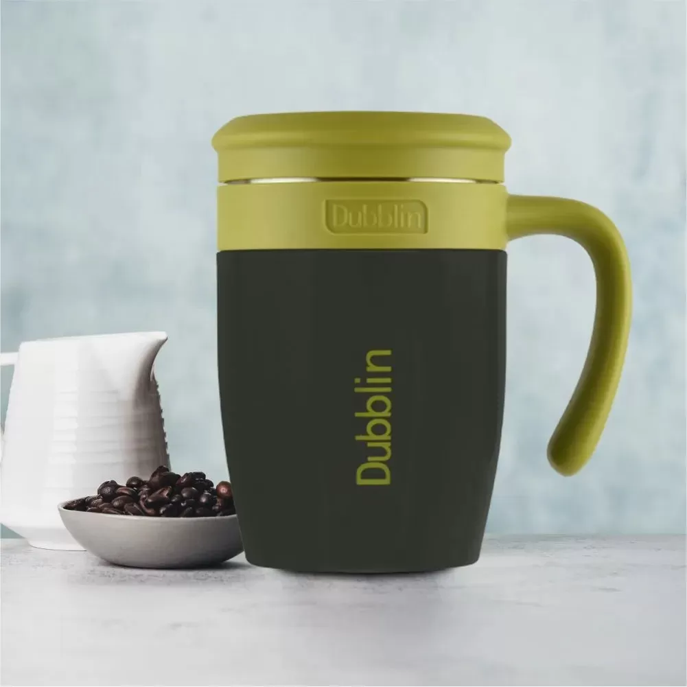 Dubblin Golf 450 ml Stainless Steel Tea Coffee Mug Double Wall Vacuum Insulated with Stainer, Handle Leak Proof Lid, Wide Mouth