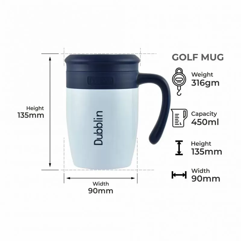 Dubblin Golf 450 ml Stainless Steel Tea Coffee Mug Double Wall Vacuum Insulated with Stainer, Handle Leak Proof Lid, Wide Mouth