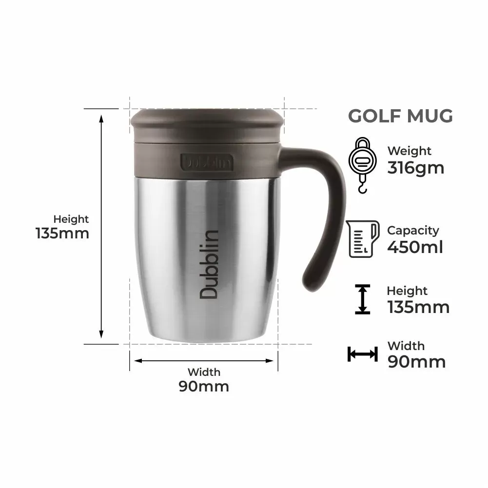 Dubblin Golf 450 ml Stainless Steel Tea Coffee Mug Double Wall Vacuum Insulated with Stainer, Handle Leak Proof Lid, Wide Mouth