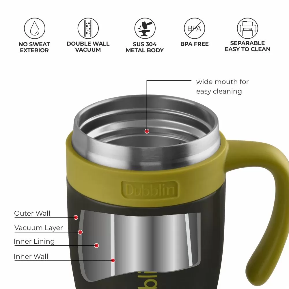 Dubblin Golf 450 ml Stainless Steel Tea Coffee Mug Double Wall Vacuum Insulated with Stainer, Handle Leak Proof Lid, Wide Mouth