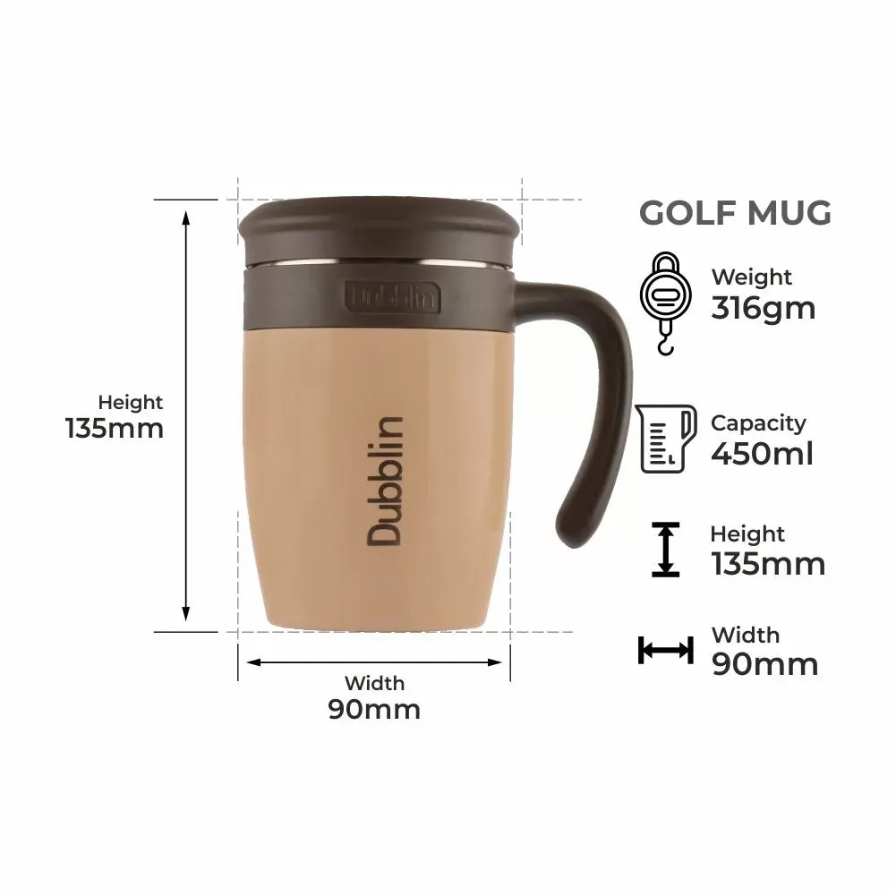 Dubblin Golf 450 ml Stainless Steel Tea Coffee Mug Double Wall Vacuum Insulated with Stainer, Handle Leak Proof Lid, Wide Mouth