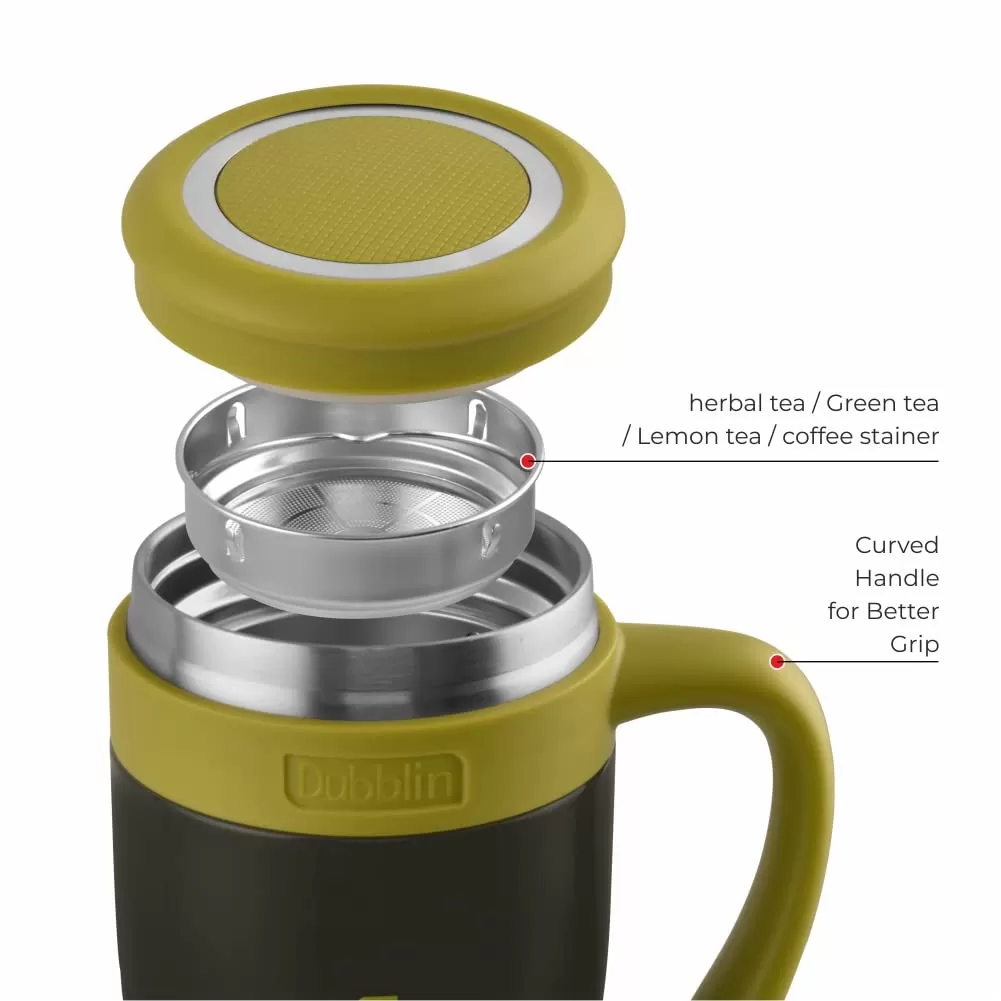 Dubblin Golf 450 ml Stainless Steel Tea Coffee Mug Double Wall Vacuum Insulated with Stainer, Handle Leak Proof Lid, Wide Mouth