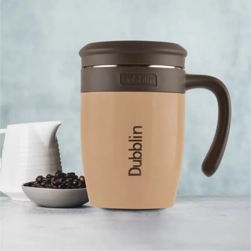 Dubblin Golf 450 ml Stainless Steel Tea Coffee Mug Double Wall Vacuum Insulated with Stainer, Handle Leak Proof Lid, Wide Mouth