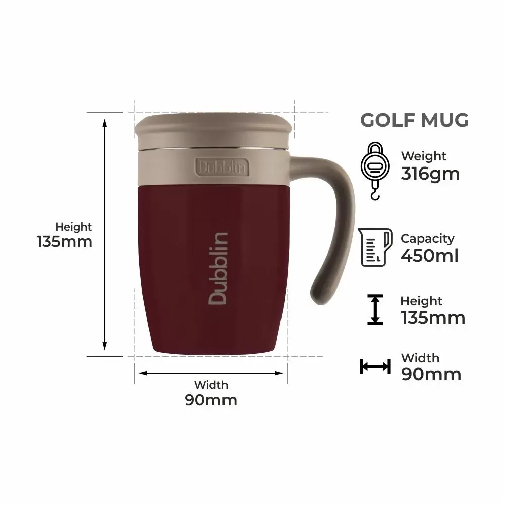 Dubblin Golf 450 ml Stainless Steel Tea Coffee Mug Double Wall Vacuum Insulated with Stainer, Handle Leak Proof Lid, Wide Mouth