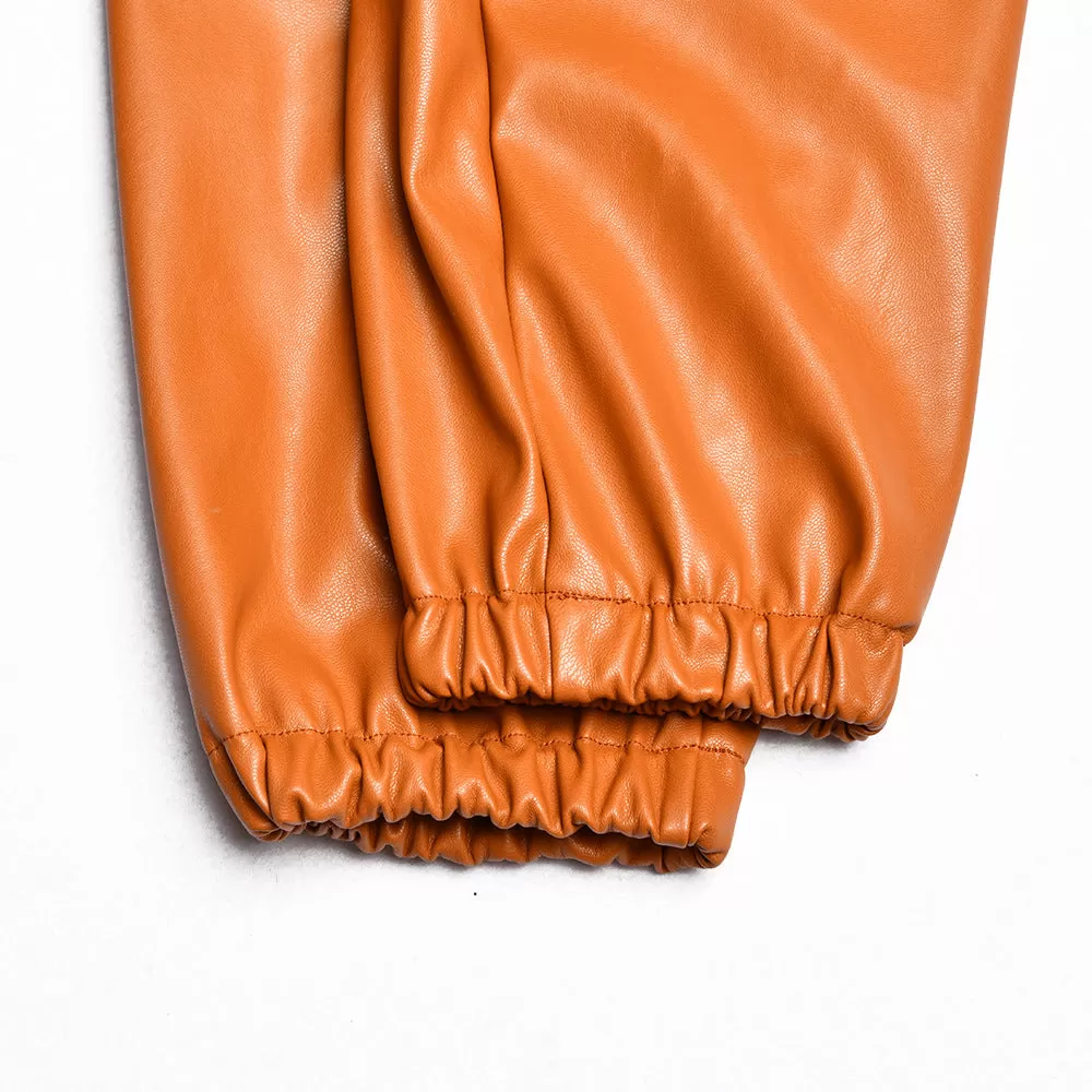 Elastic Drawstring Pockets Faux Leather Pants