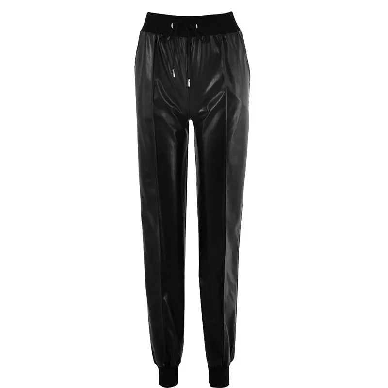 Elastic Drawstring Pockets Faux Leather Pants