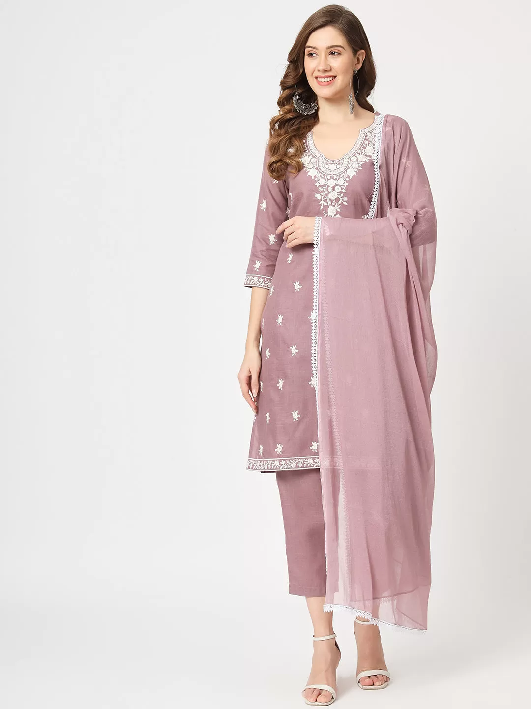 Embroidered Kurta With Matching Pants And Lace Detailed Dupatta Set