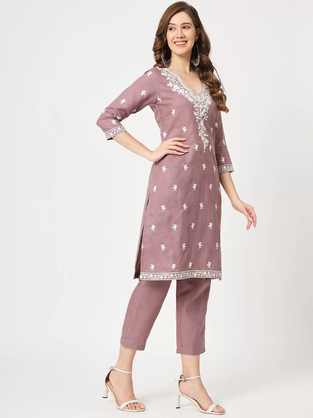 Embroidered Kurta With Matching Pants And Lace Detailed Dupatta Set