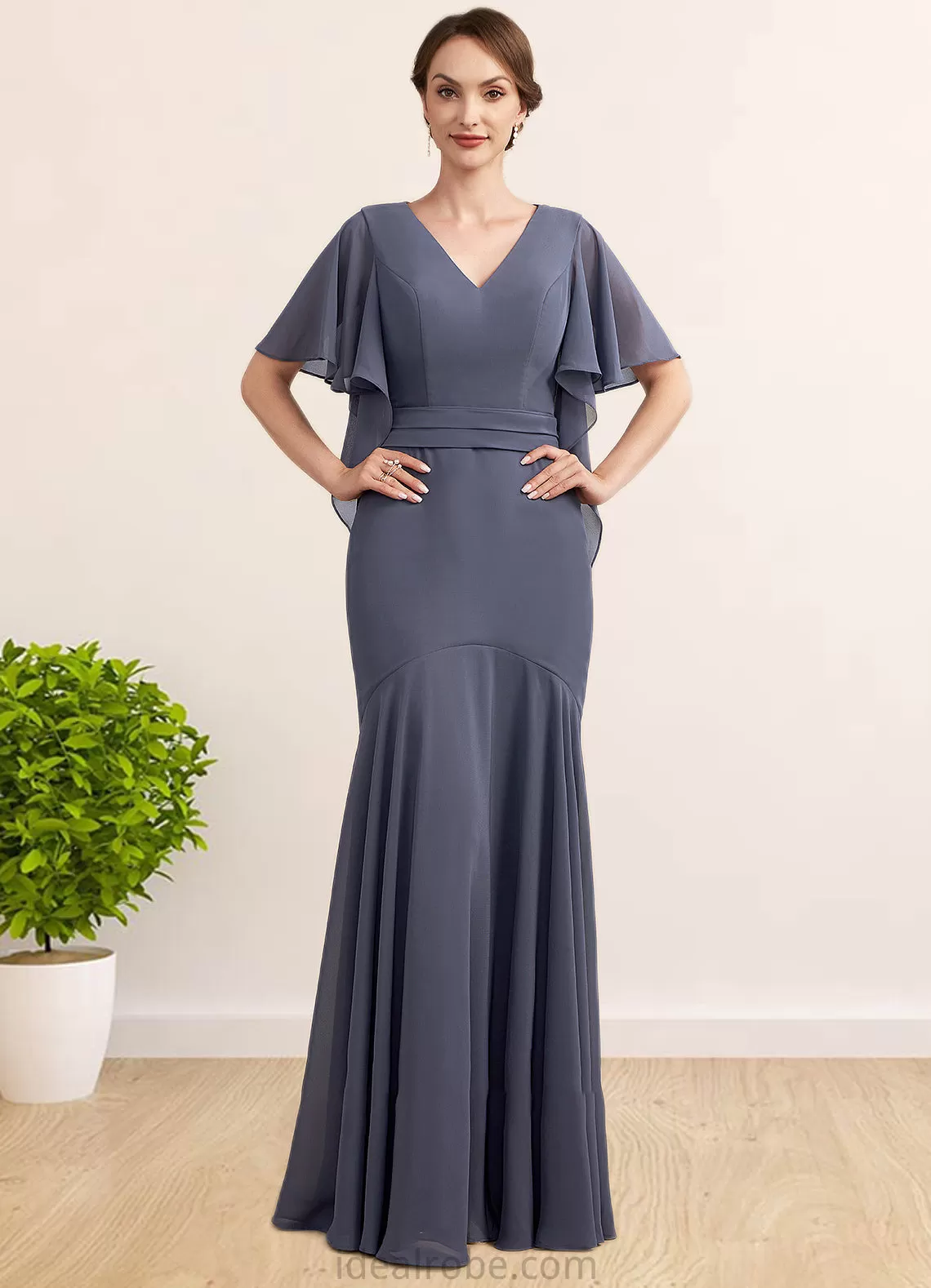 Emerson Trumpet/Mermaid V-neck Floor-Length Chiffon Mother of the Bride Dress STK126P0014951