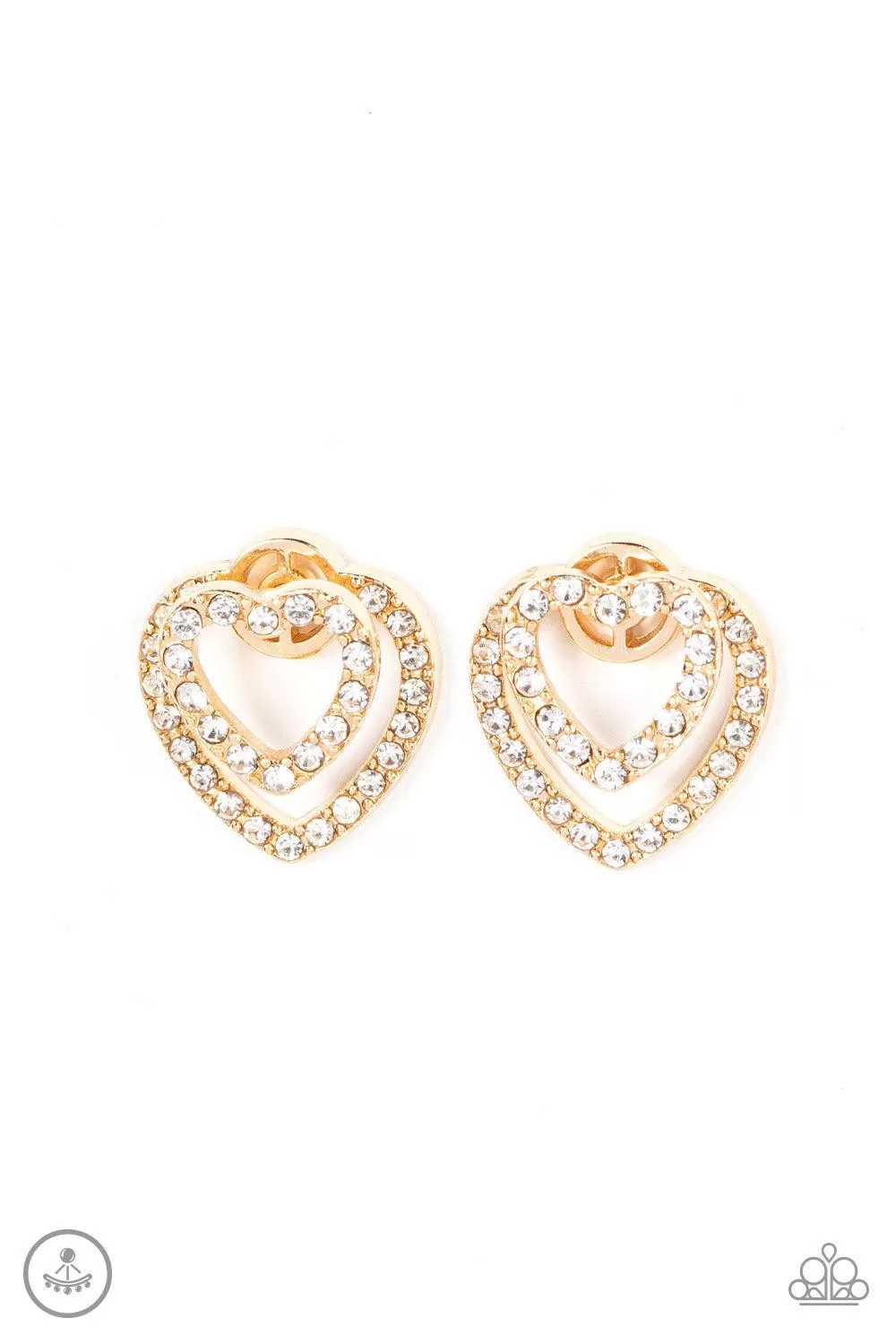 Ever Enamored Gold and White Rhinestone Heart Earrings - Paparazzi Accessories