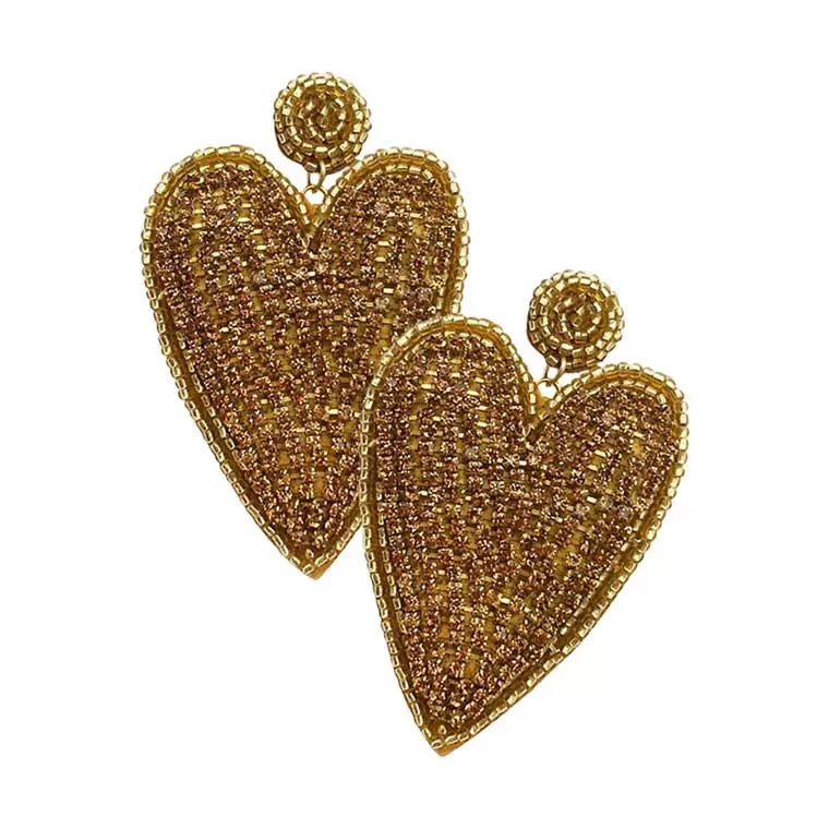 Felt Back Rhinestone Seed Beaded Heart Dangle Earrings