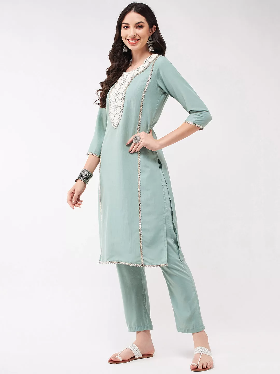 Festive Embroidered Neck-Patch Panelled Kurta With Laces