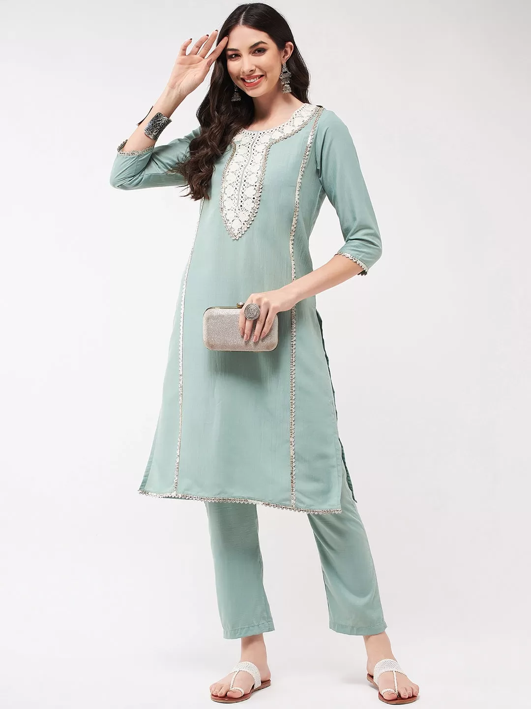 Festive Embroidered Neck-Patch Panelled Kurta With Laces