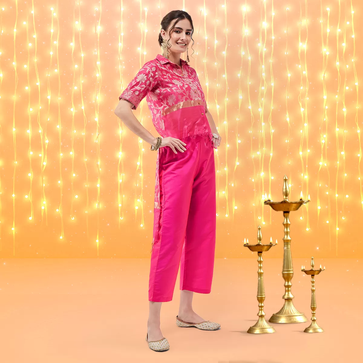 Festive Jacquard High-Low Top With Matching Pant Set