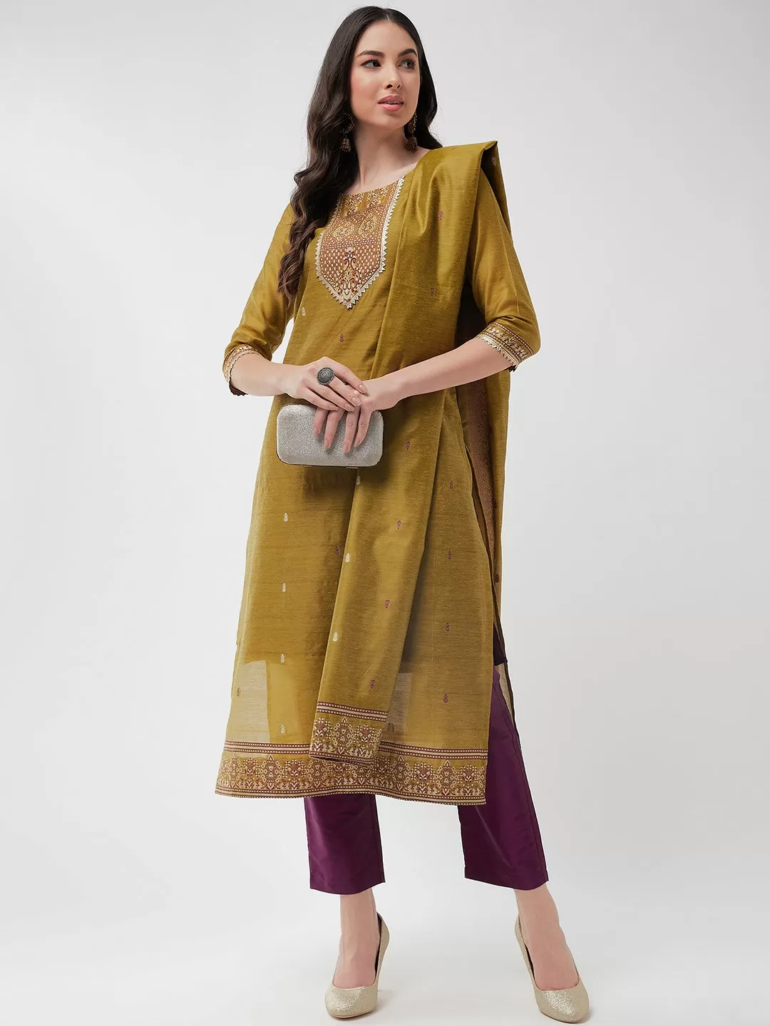 Festive Jacquard Neck Patch Kurta With Dupatta And Matching Pants