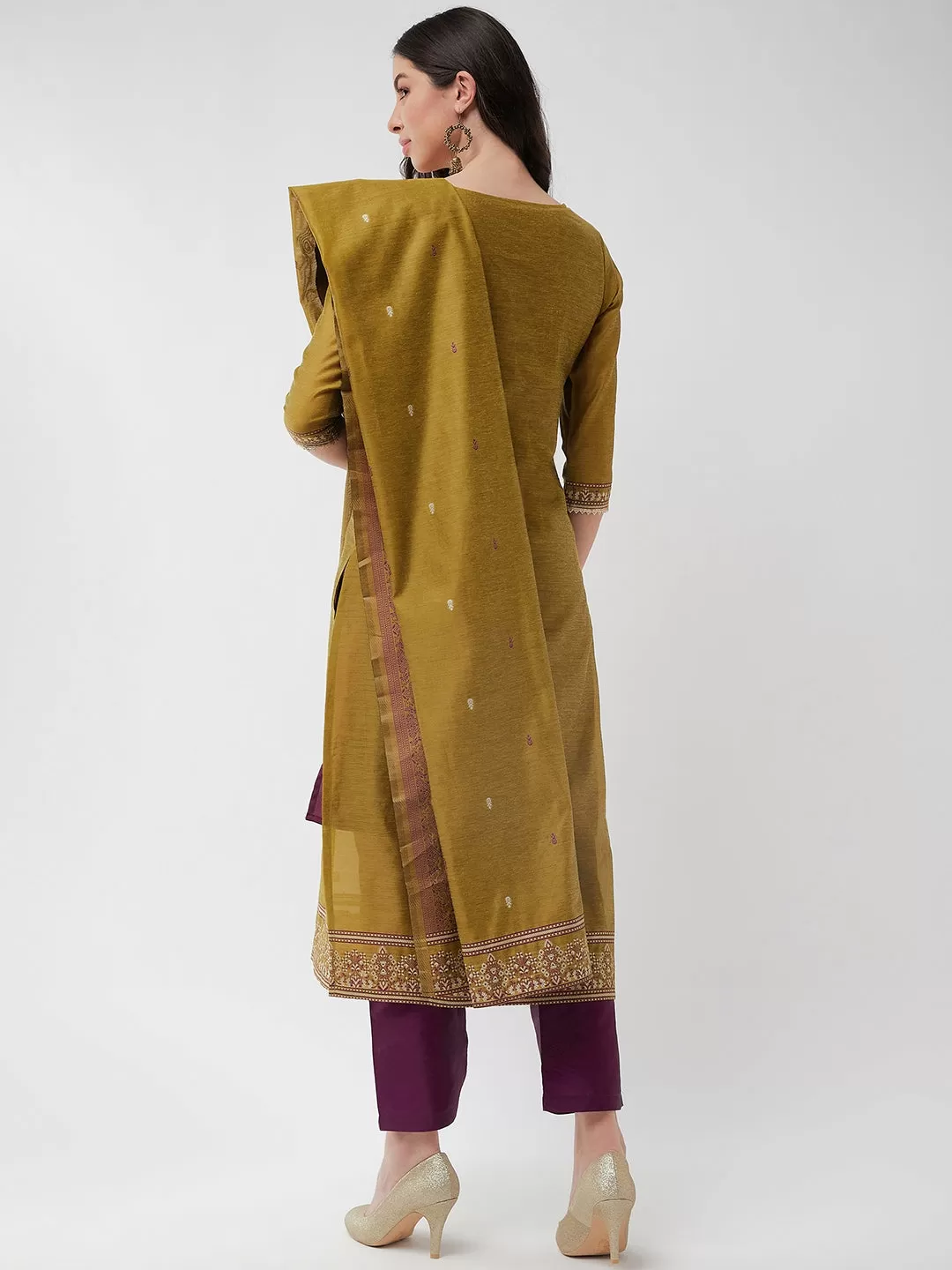 Festive Jacquard Neck Patch Kurta With Dupatta And Matching Pants