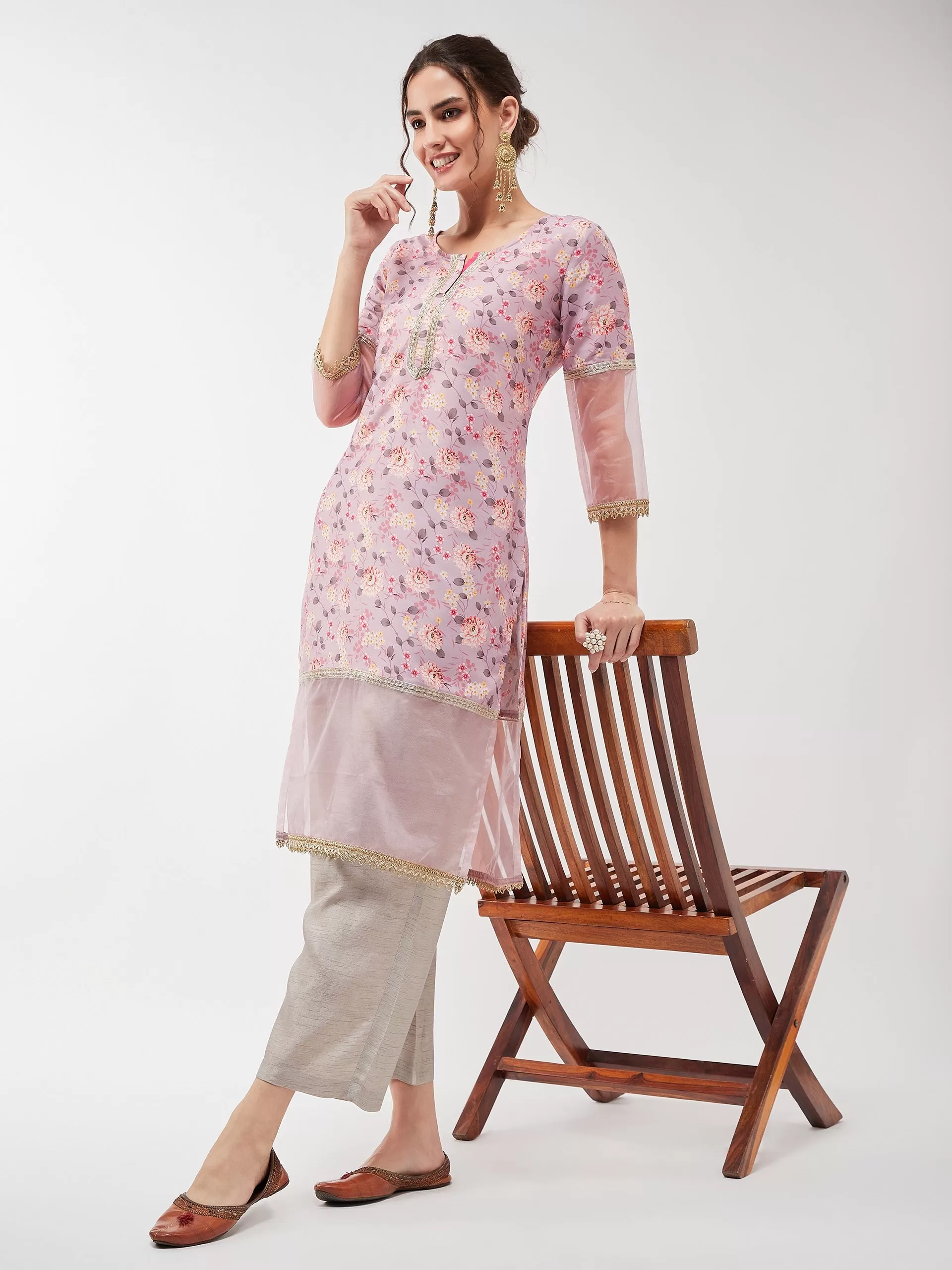 Festive Pastel Floral Lace Detailed Kurta