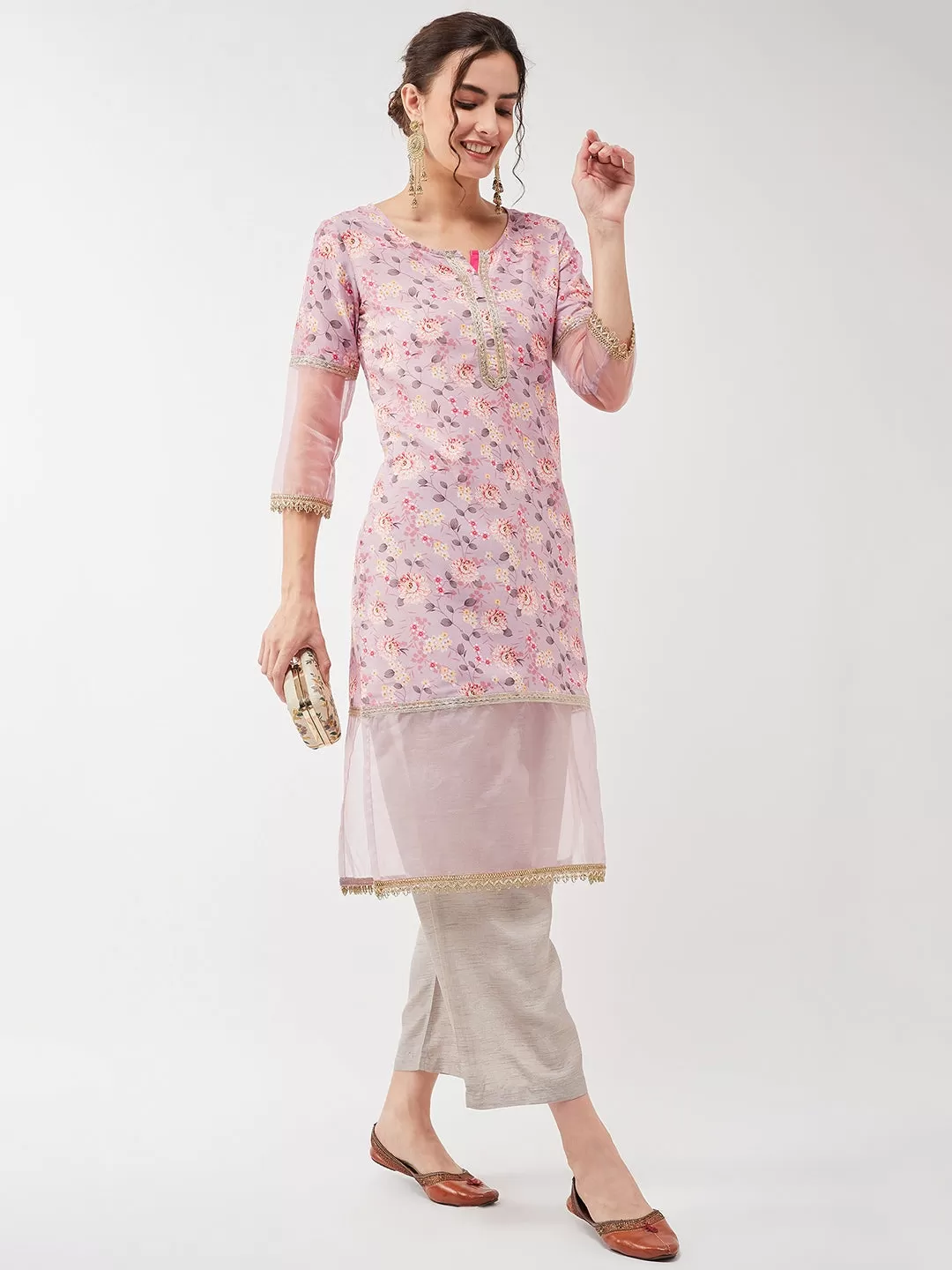 Festive Pastel Floral Lace Detailed Kurta