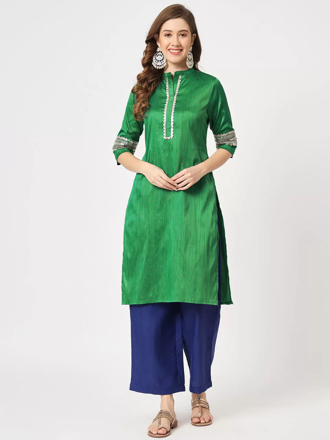 Festive Placket Embroidered Kurta With Contrasting Pants