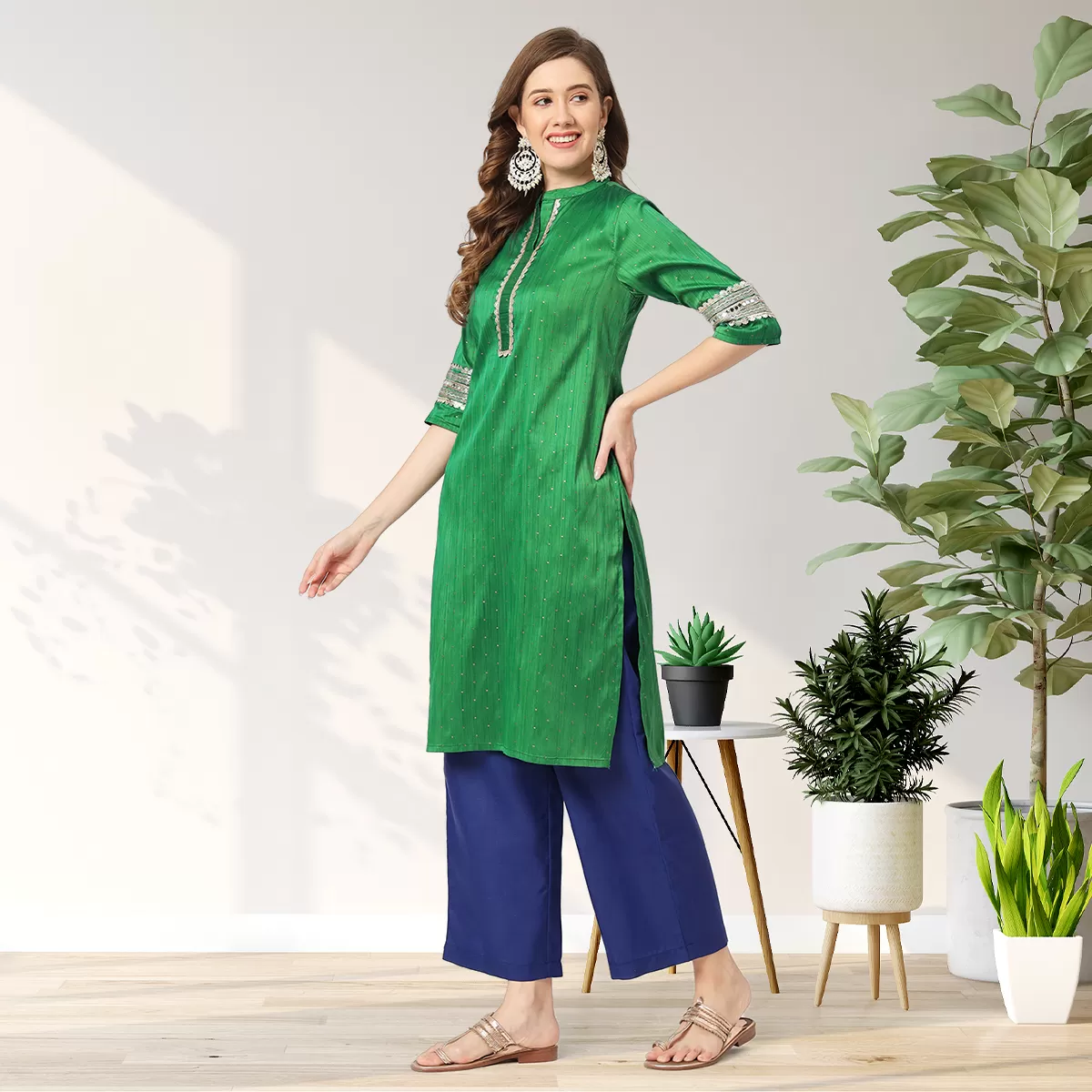 Festive Placket Embroidered Kurta With Contrasting Pants