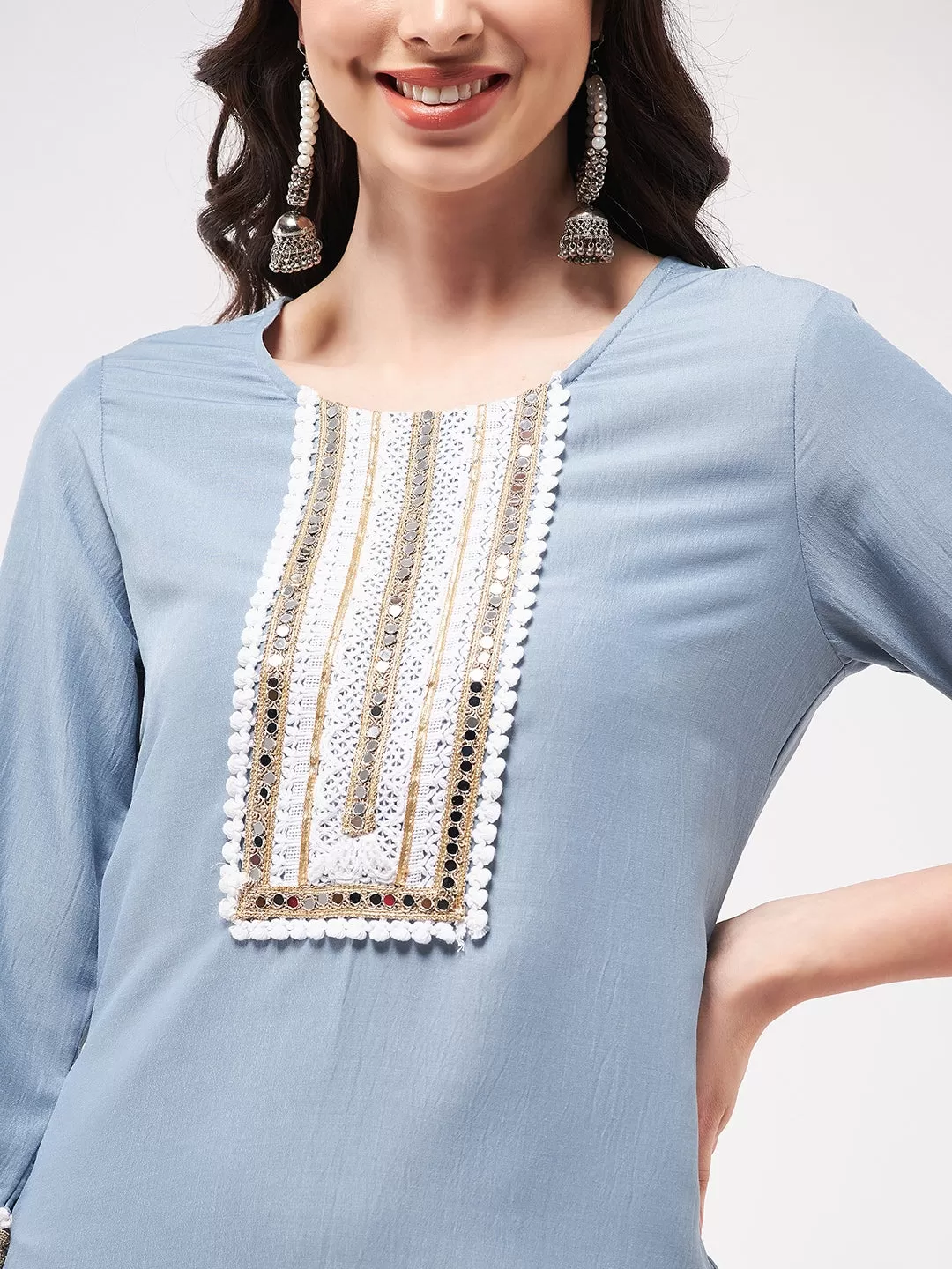 Festive White Embroidered Neck-Patch Kurta With Laces