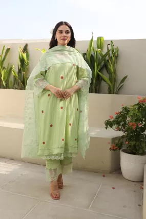 Floral Elegance Pista Cotton Gauze Kurta Set with Kota Doriya Dupatta