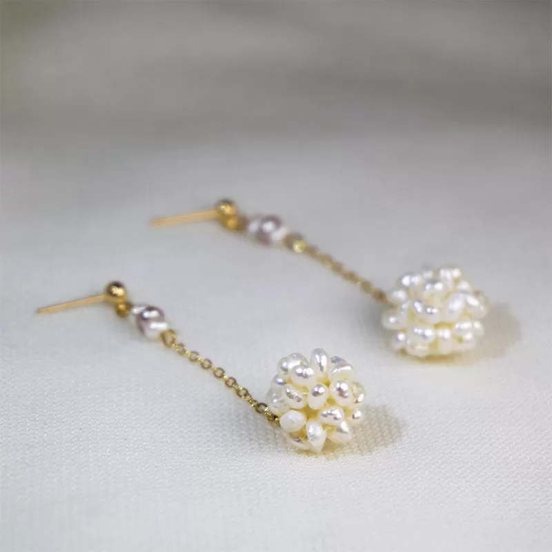 Flower Freshwater Pearls Drop Gold Earrings