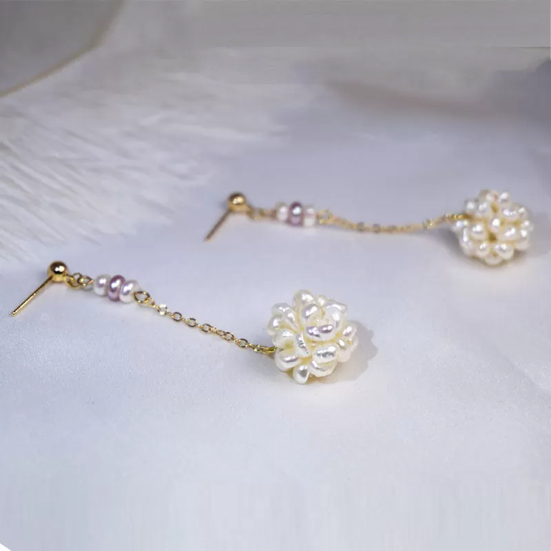 Flower Freshwater Pearls Drop Gold Earrings