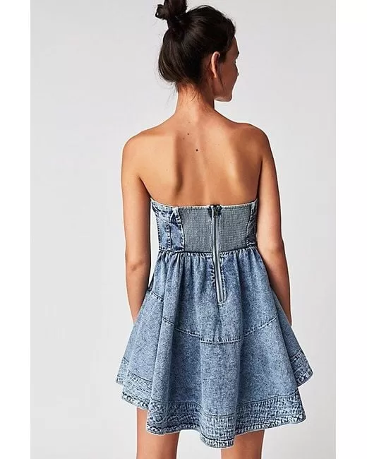 Free People Blue  Candace Denim Mini Dress UK M