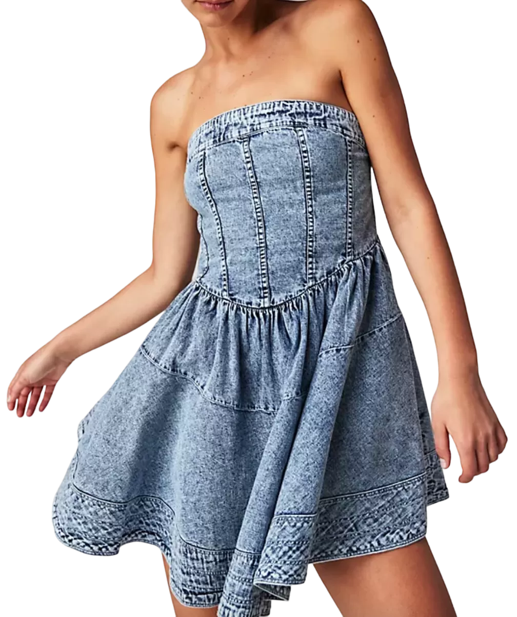 Free People Blue  Candace Denim Mini Dress UK M