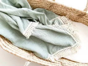 Fringe Swaddle Blanket - Sage Green