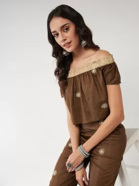 Fusion Embroidered Off-Shoulder Top With Matching Pant Set