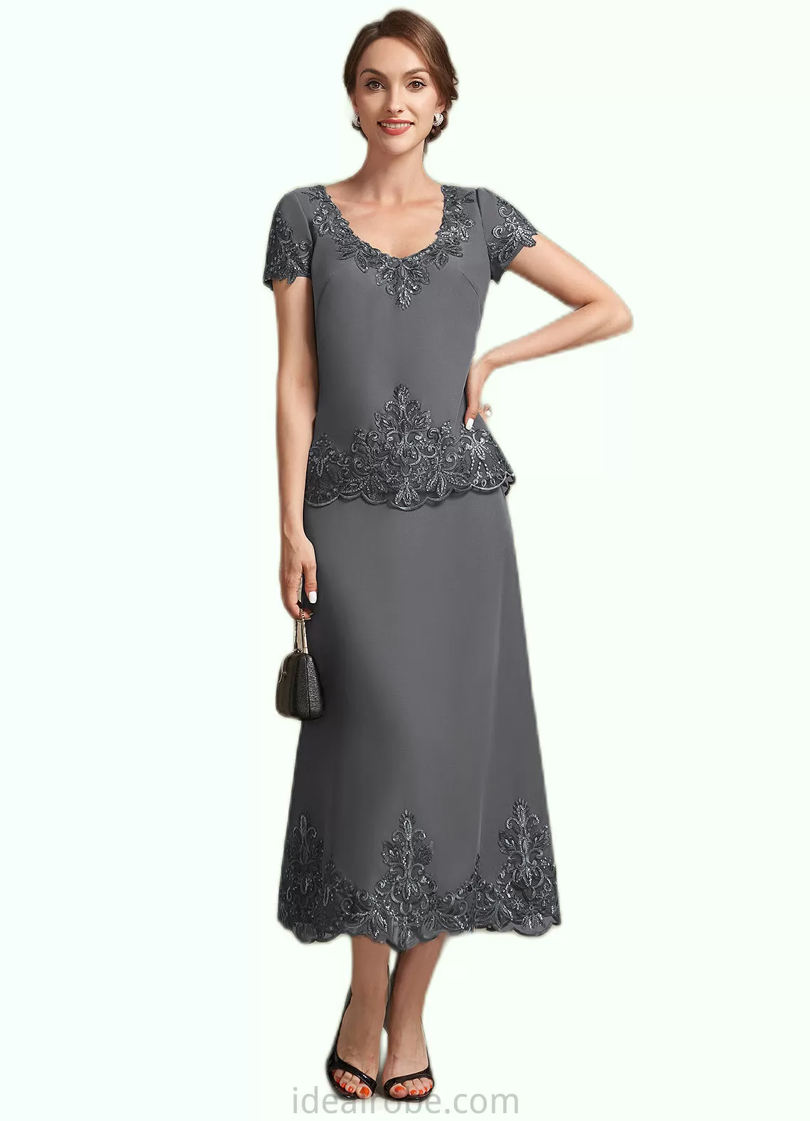 Gertrude A-Line Scoop Neck Tea-Length Chiffon Lace Mother of the Bride Dress With Sequins STK126P0014800