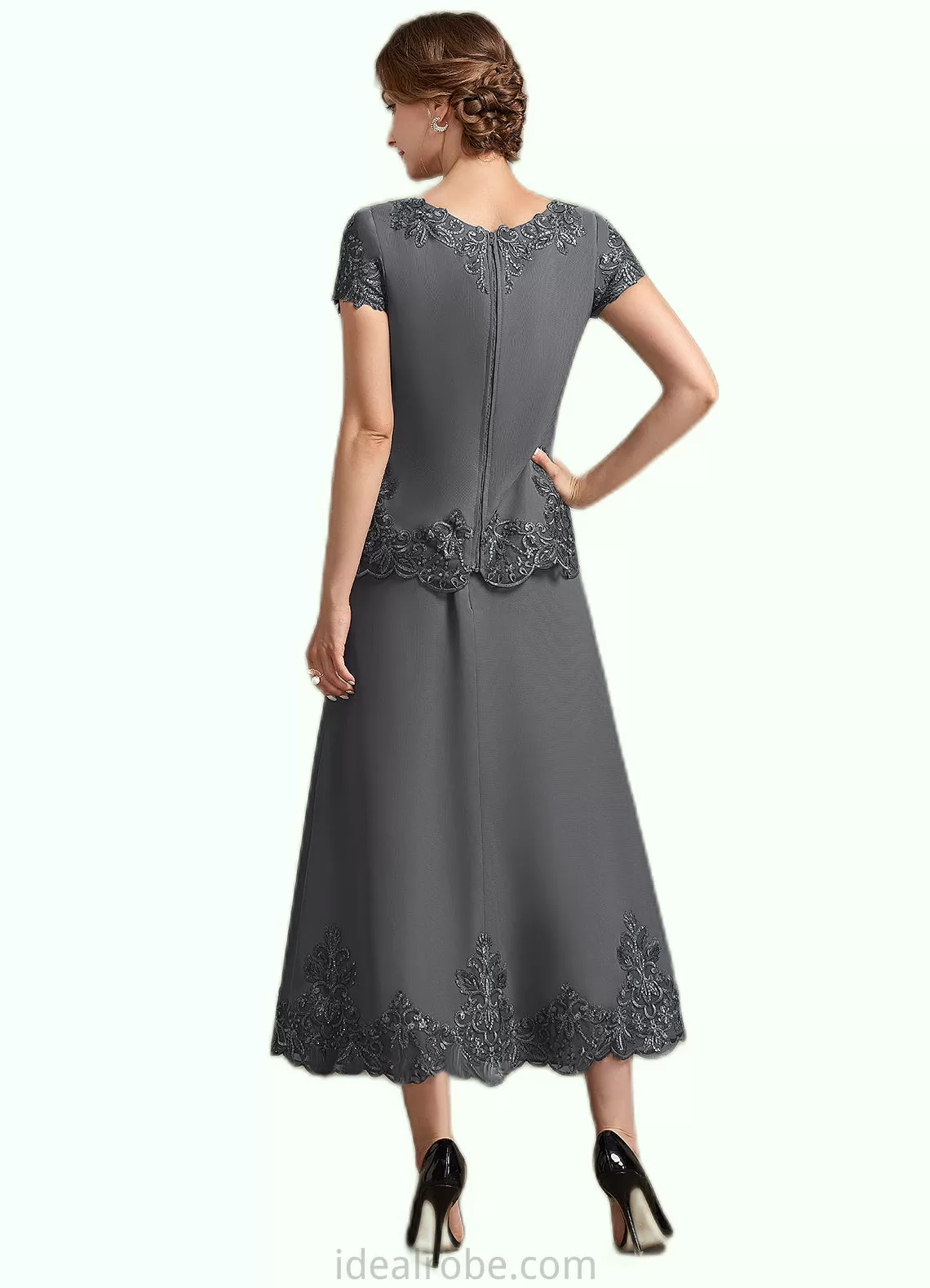 Gertrude A-Line Scoop Neck Tea-Length Chiffon Lace Mother of the Bride Dress With Sequins STK126P0014800