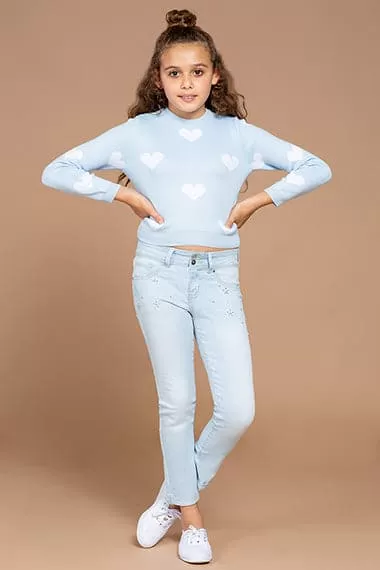 Girls 2-Button Cuffed Ankle Jeans with Flower Studs