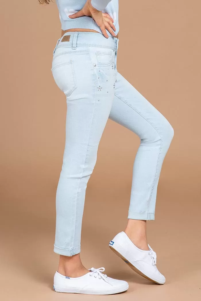 Girls 2-Button Cuffed Ankle Jeans with Flower Studs