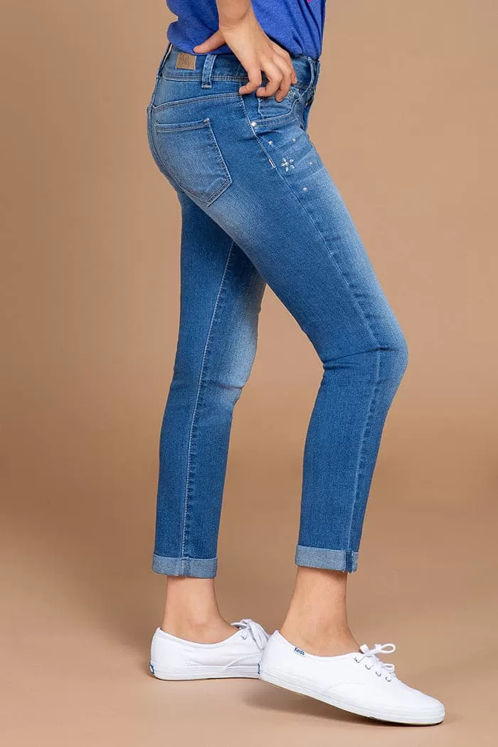 Girls 2-Button Cuffed Ankle Jeans with Flower Studs