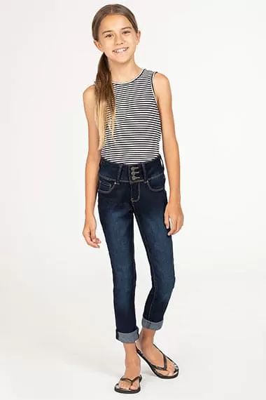 Girls Essential 3-Button Denim Skinny Jeans with Rolled Cuffs