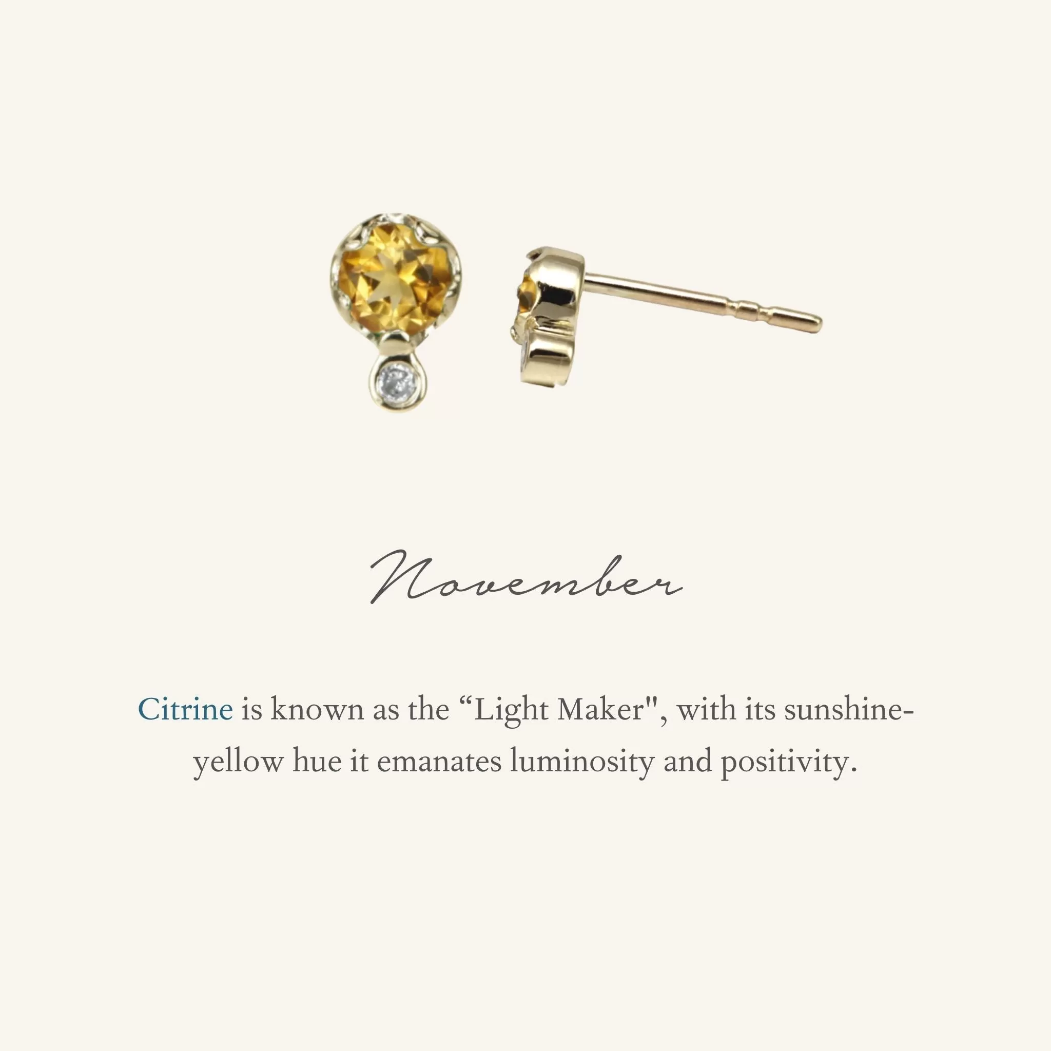 Gold Citrine & Diamond Birthstone Stud Earrings