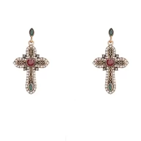 Gold Ornate Crystal Religious Cross Earrings